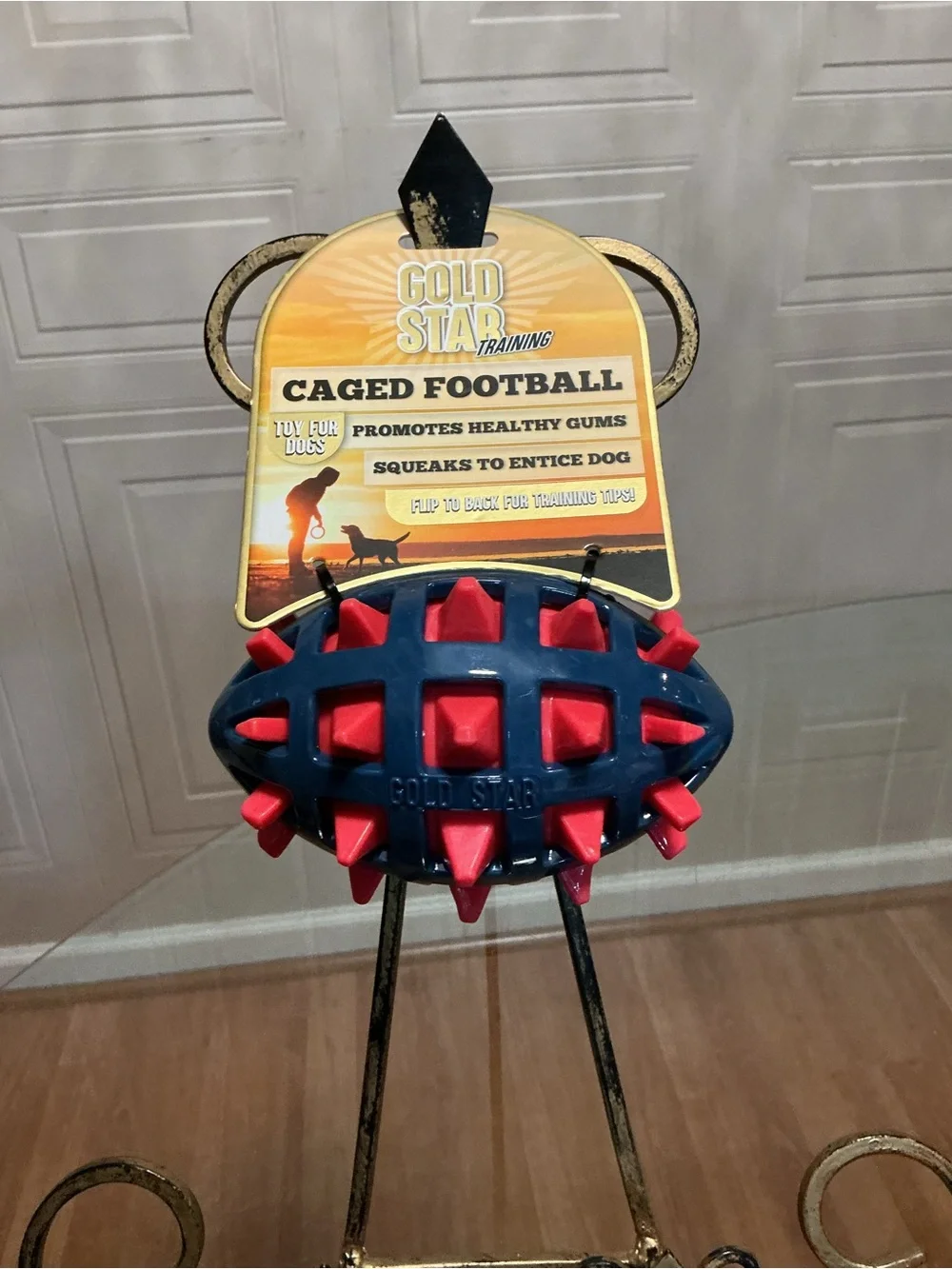 Gold Starn Caged Football Squeak Dog Toy Blue & Yellow NEW!!!